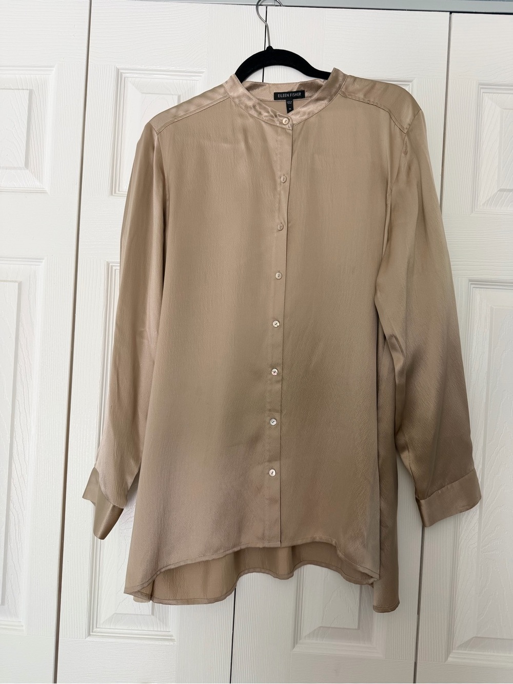 Eileen Fisher 100% Silk Mandarin Color Button-Down Blouse- Taupe